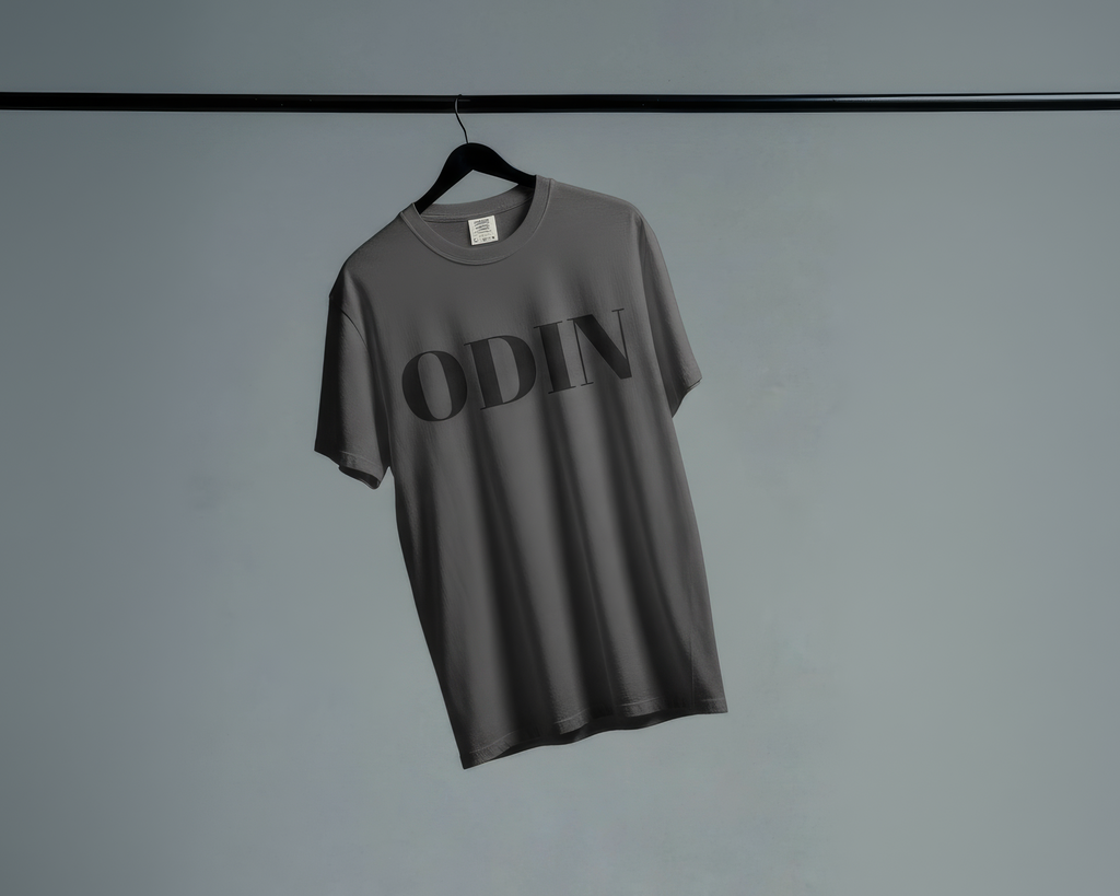 Gray t-shirt with 'ODIN' branding on a hanger against a plain background
